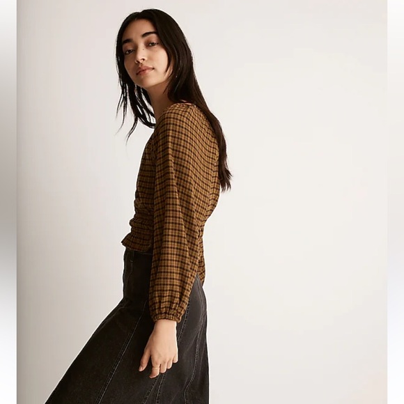 Madewell gingham top Tie-Back Cutout long sleeve in Plaid Spiced Olive xxs - Picture 3 of 11